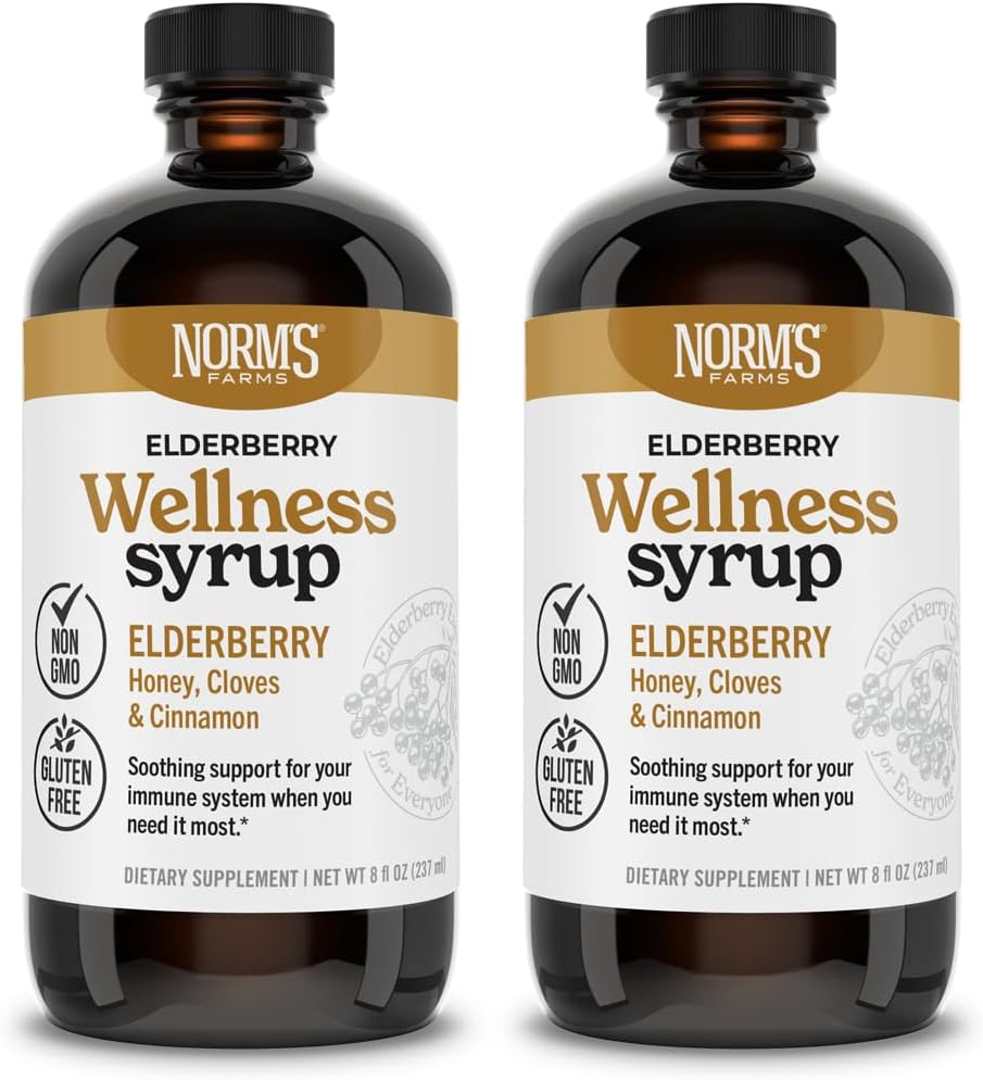 Norm's Farms Wellness Black Elder Syrup with Honey, Cinnamon & Cloves - ABD'de Made in ABD, Natural Immune Support, No Alkol or Fillers, Gluten-Free, Non-GMO, Vegan, Pure Elder Syrup - 2PK 8 Oz