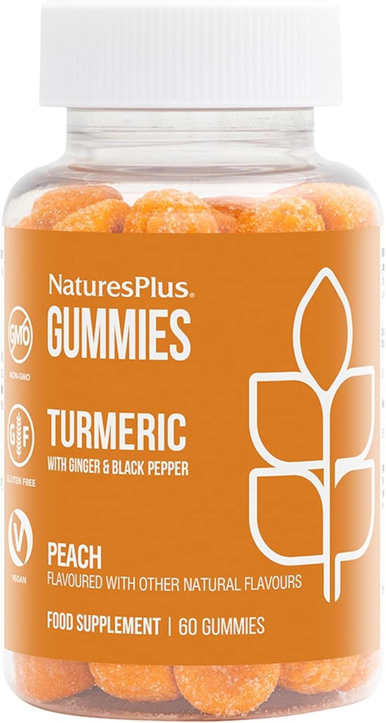 NaturesPlus Gummies Turmeric Curcumin - 60 Gummies, Ροδάκινο - Υποστηρίζει Joint, Digestive & Καρδιαγγειακή Υγεία - Vegan, Χωρίς γλουτένη, Μη ΓΤΟ - 30 Υπηρεσίες