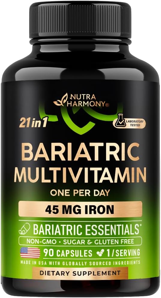 NUTRAHARMONY Bariatric Multivitamin - 45 mg Iron Supplements - ABD'de - Kadınlar ve Erkekler için - All-in-One, 21 Essential Vitamins - Gaztrik Kol Desteği - Light Trovor - 90 Capsules