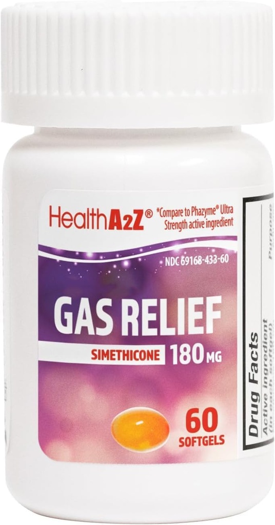 HealthA2Z® Gas Relief Simethicone 180mg | Stomach Discomfort and Gas | Anti Flatulence | Relieves Gas Fast (60 $ 1))