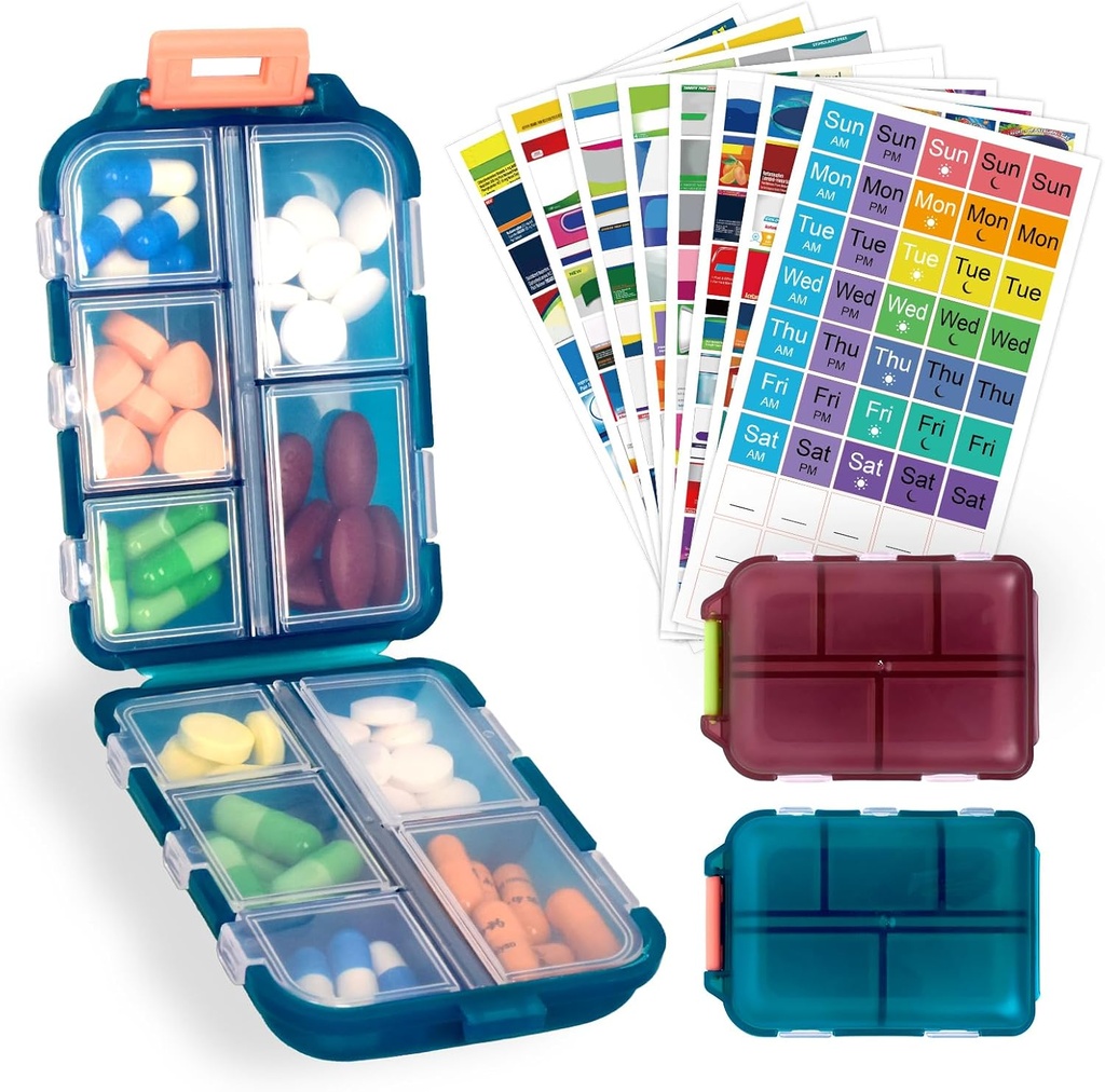 2 Pack Pill Organizer Travel Case - 10 Διαμερίσματα Φορητό Medicine Container με 330 ετικέτες, Double Lock Design (μπλε & σοκολάτα, 2 κουτιά)
