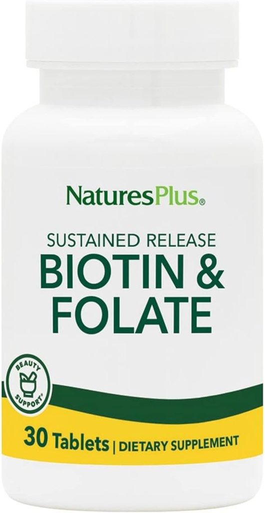 Natures Plus Biotin & Folic Acid (Methylfolate), Παρατεταμένη απελευθέρωση - 30 χορτοφαγικά δισκία - Βιταμίνη Β7 & Βιταμίνη Β9, Υποστηρίζει την ανάπτυξη των μαλλιών, την ενίσχυση της ενέργειας, προγεννητική βιταμίνη - Χωρίς γλουτένη - 30 Σερβιέτες
