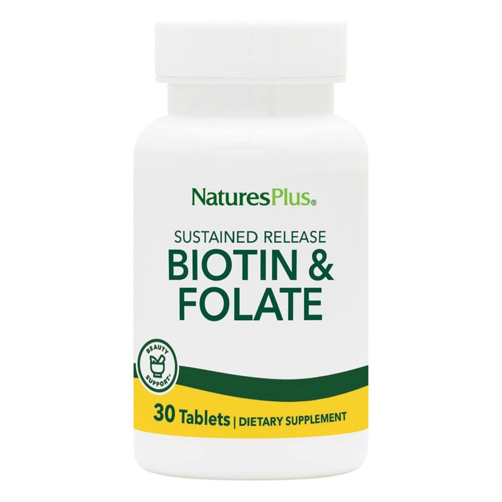 Natures Plus Biotin & Folic Acid (Methylfolate), Sustained Release - 30 Vejetaryen Tabletler - B7 & Vitamin B9, Destekler Saç Büyüme, Enerji ATM, Prenatal Vitamin - Gluten-Free - 30 Hizmet