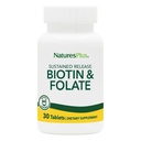 Natures Plus Biotin & Folic Acid (Methylfolate), Sustained Release - 30 Vejetaryen Tabletler - B7 & Vitamin B9, Destekler Saç Büyüme, Enerji ATM, Prenatal Vitamin - Gluten-Free - 30 Hizmet