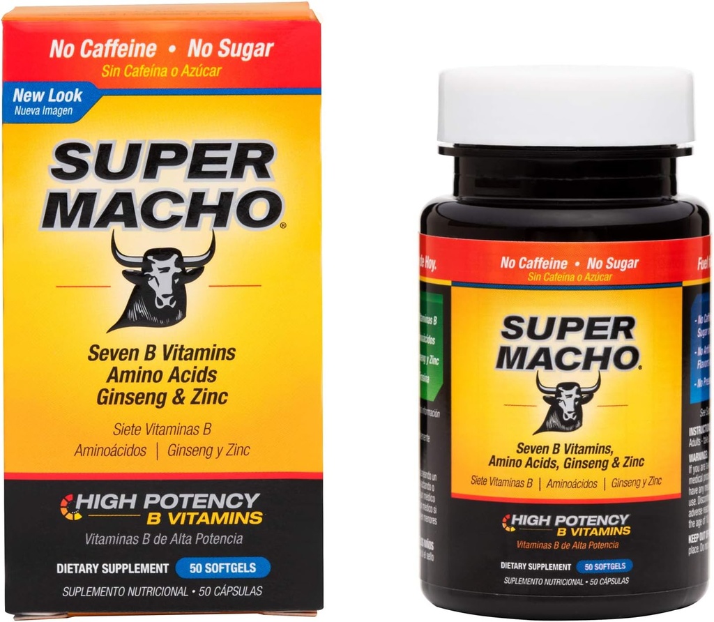 Super Macho Diyetary Supplement with High Potency çinko & 7 B Vitamins, No Preservatives, Sugar or Caffeine, Made in USA, 50 Softgels (1 Pack)