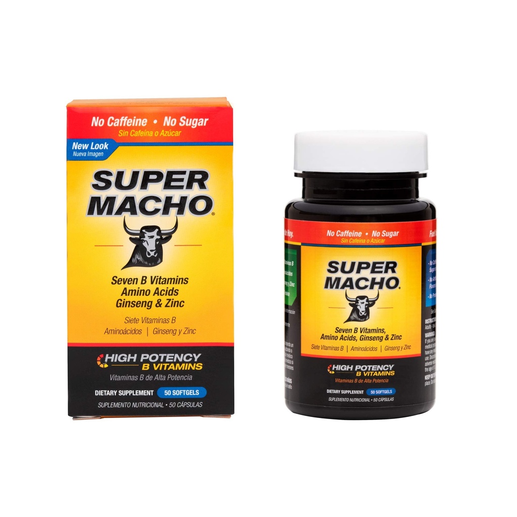 Super Macho Diyetary Supplement with High Potency çinko & 7 B Vitamins, No Preservatives, Sugar or Caffeine, Made in USA, 50 Softgels (1 Pack)