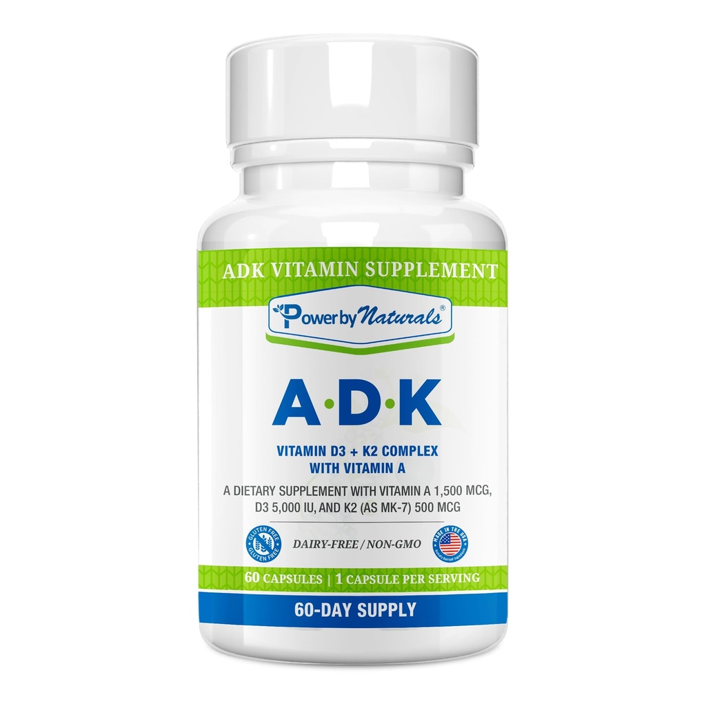 Power By Naturals ADK Vitamin Supplement - Υψηλής ισχύος ανάμειξη VIT A D3 K2 Vitamin 5000 eu - Υποστήριξη Οστών, Καρδιάς & Ανοσοποιητικής Υγείας - 60 Κάψουλες (2 Μήνες Προσφορά)