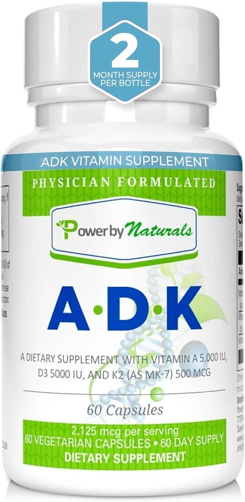 Power By Naturals ADK Vitamin Supplement - Yüksek Potency Meeting of VIT A D3 K2 Vitamin 5000 iu - Destek Bone, Heart & Immune Health - 60 Capsules (2 Ay Supply)