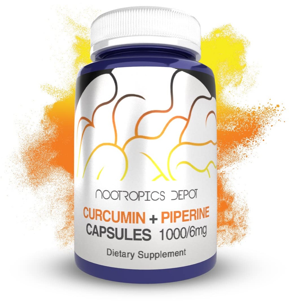 Nootropics Depot Curcumin + Piperine Capsules | 1000 mg Curcumin + 6 mg Piperine | 60 Count