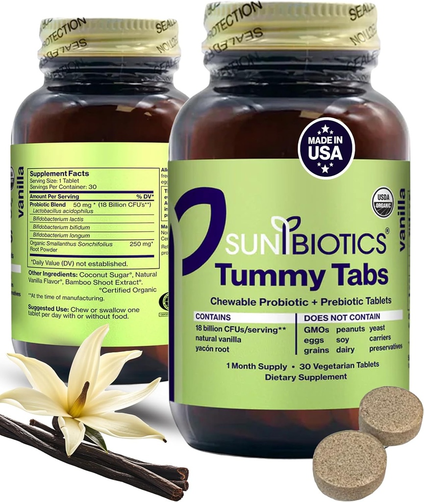 SUNBIOTICS Tummy Tabs – Chewable Probiyotik ve Prebiyotik Tabletler, Good Gut Flora için 4 Probiyotik Strains, Immune System, & Balanced Microbiome - Vanilla, (Pack of 1)