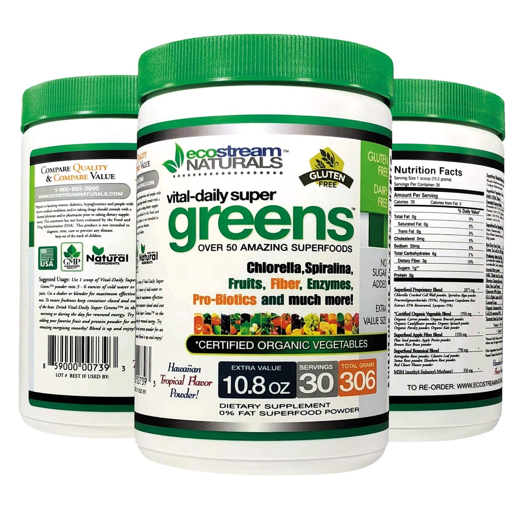 Vital First Daily Greens Superfood Powder 50 Whole Super Foods with Spirulina, Chlorella, Flax Seed, Fiber and Enzymes with Organic Greens - 30 Σερβιέτες