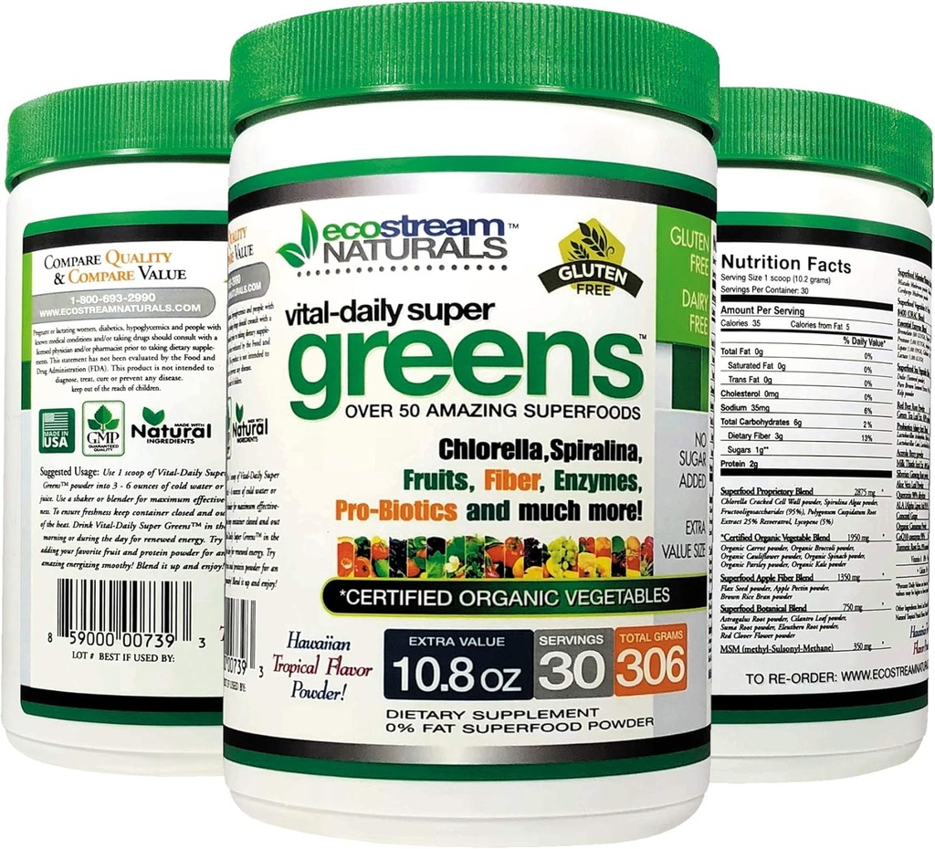 Vital First Daily Greens Superfood Toz 50 Tüm Super Foods with Spirulina, Chlorella, Flax Tohum, Fiber ve Enzymes with Organic Greens - 30 Servisler