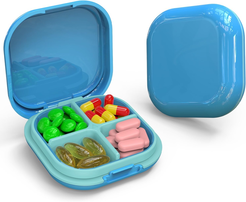 Daily Pill Organizer 4 Διαμερίσματα, Μικρό κουτί χάπια Φορητή θήκη ταξιδιών, Mini Pill Container για Pocket, Compact Travel Medicine Organizer για βιταμίνη, Cod Liver Oil, Συμπλήρωμα (μπλε)