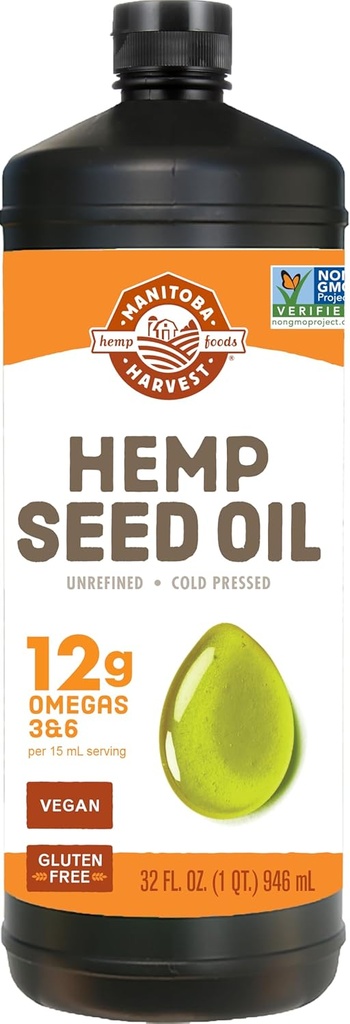 Manitoba Harvest Hemp Seed Oil, Cold Pressed, Premium Quality, 12g of Omegas 3 & 6 Per Service, Hydrate & Nourish Skin - Non GMO, Vegan, Gluten Free, Great for Cooking, salata Elbiseleri, 32 Fl Oz