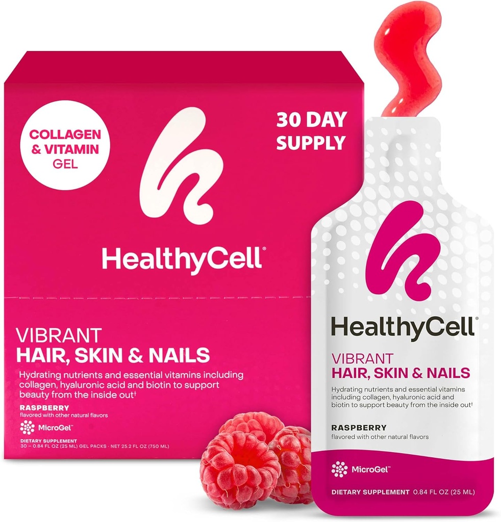 Healthycell Vibrant Hair Skin & Nails Daily Liquid Supplement - Συμπληρώματα ομορφιάς με ενυδατικά θρεπτικά συστατικά & Ουσιώδεις Βιταμίνες - Κολλαγόνο, Βιοτίνη & Υαλουρονικό Οξύ - 30 Gel Packs