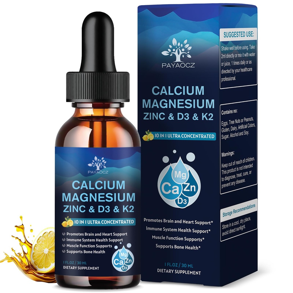 (1 Pack) Magnesium Calcium Zinc Supplement with Vitamin D3 K2 for Women, Magnesium Glycinate Vegan Liquid Drops for Adult Plus L-Theanine Boron Sea Moss Extract, Bone, Sleep & Leg Cramps, 1 Fl Oz