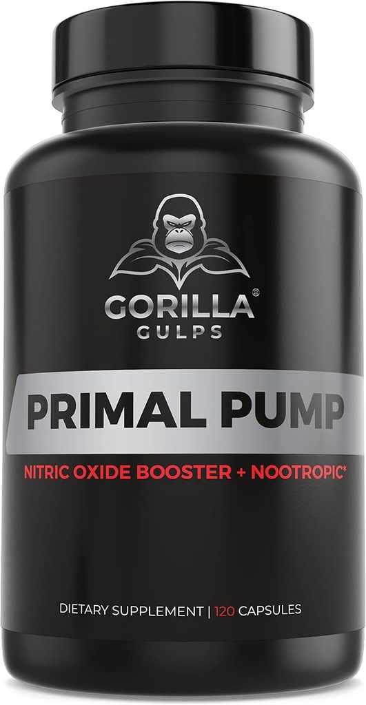 Gorilla Gulps - Primal Pump Nitrik Oksit Supplement Nootropic 1500 mg Nitrosigine L Arginine & Beet Root for Muscle growth, Pumps, Blood Flow, Energy & Focus - Max Strength Pre Workout N.O.fun