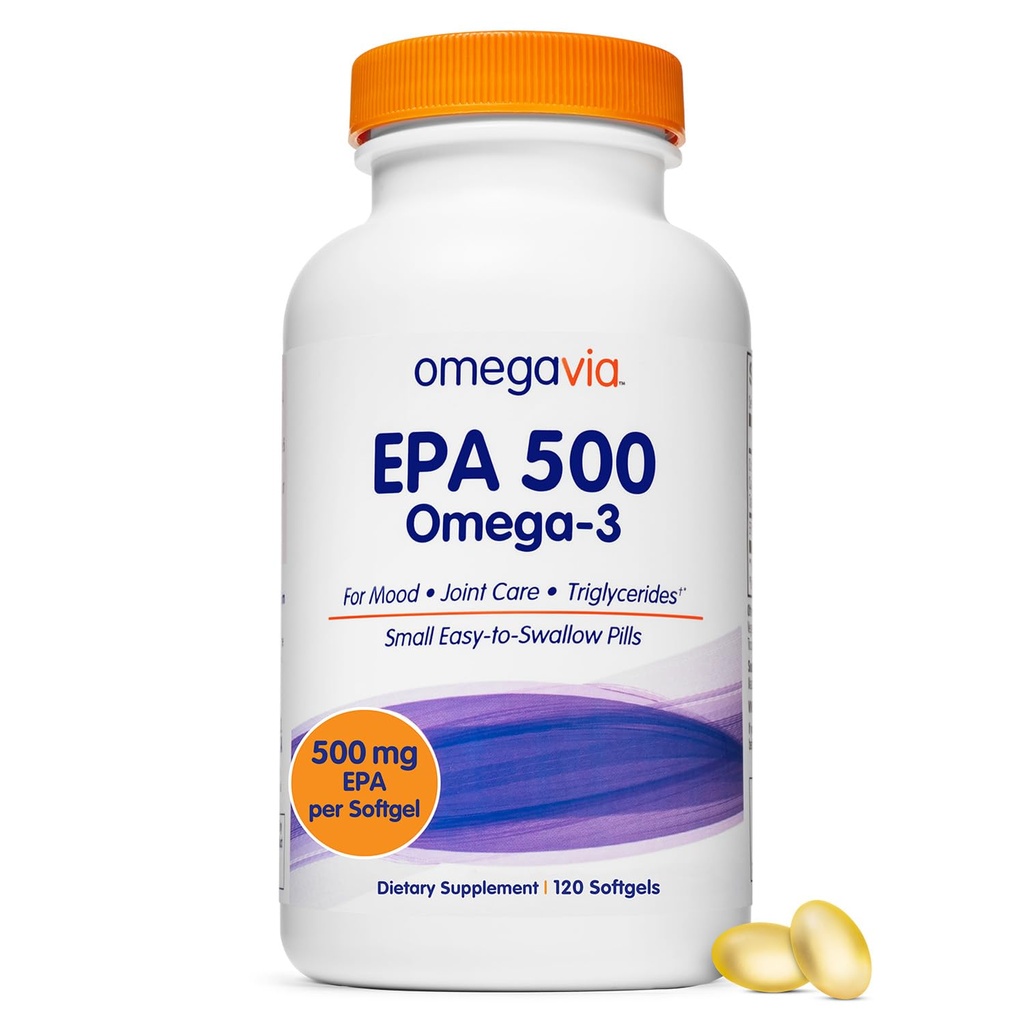 OmegaVia 500 EPA, Purified Omega-3 Fish Oil Supplement, 500 mg EPA in Triglyceride Form, Burpless Fish Oil, Non-GMO, Gluten-Free, IFOS 5Star, 120 Softgels