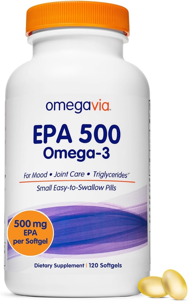 OmegaVia EPA 500, Καθαρό Ωμέγα-3 Fish Oil Συμπλήρωμα, 500 mg EPA σε μορφή τριγλυκεριδίων, Άψογο ιχθυέλαιο, Μη ΓΤΟ, Χωρίς γλουτένη, IFOS 5-Star, 120 Softgels