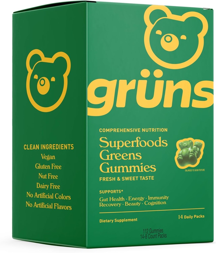 Gruns Super Greens Gummy Bears - Organik Spirulina ve Chlorella, Digestive Health için prebiyotikler, 20+ Vitaminler ve Mineraller - 14 sachets - 112 Gummies