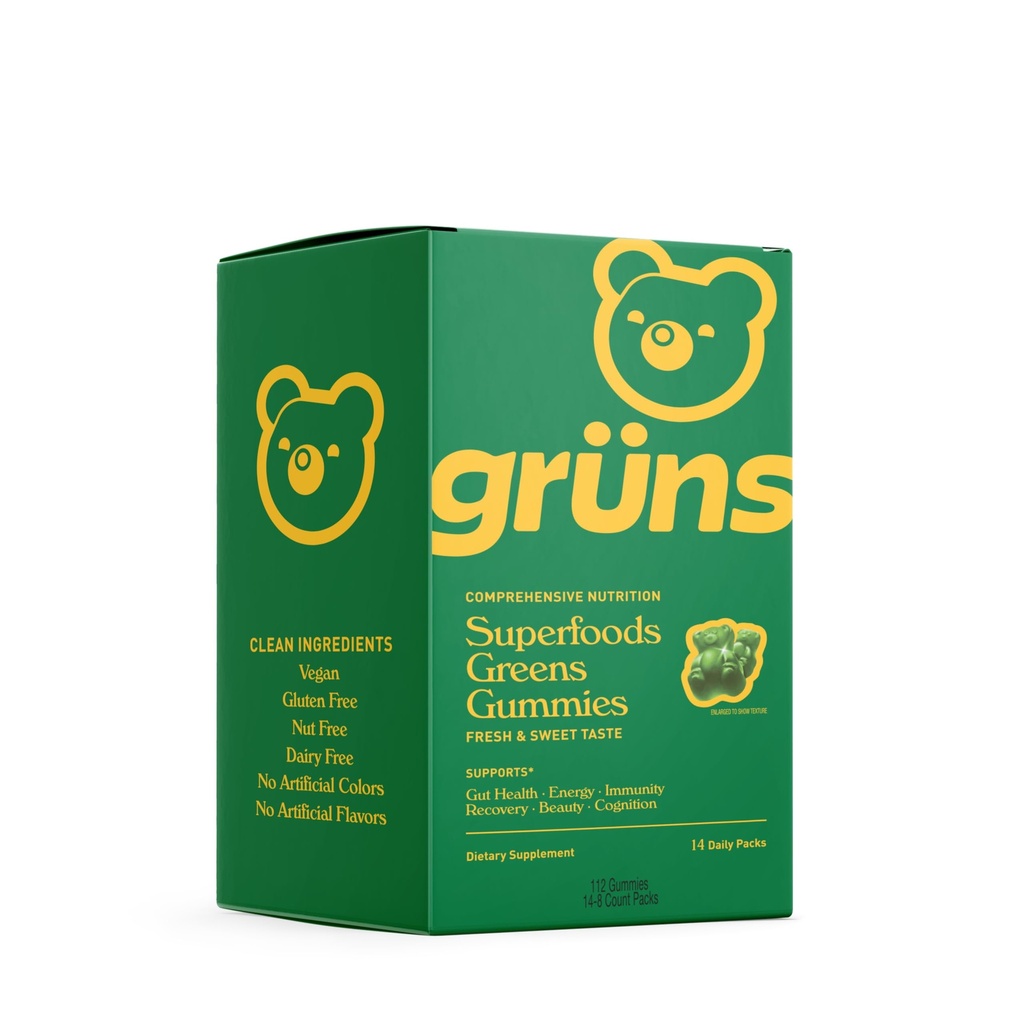 Gruns Super Greens Gummy Bears - Organik Spirulina ve Chlorella, Digestive Health için prebiyotikler, 20+ Vitaminler ve Mineraller - 14 sachets - 112 Gummies