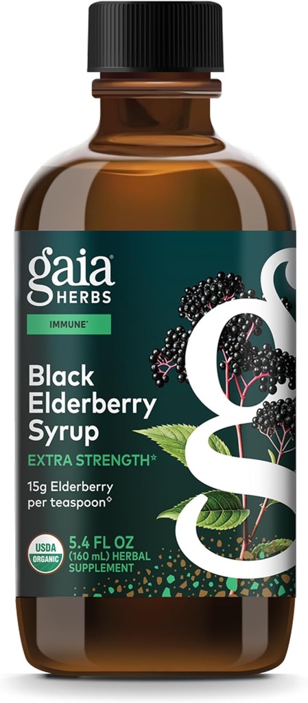 Gaia Herbs Black Elderberry Syrup - Immune Support Supplement - Organik Black Elderberries (Sambucus nigra) ile Immune System* - USDA sertifikalı Organik Formula - 5.4 Fl Oz (32-Day Supply)