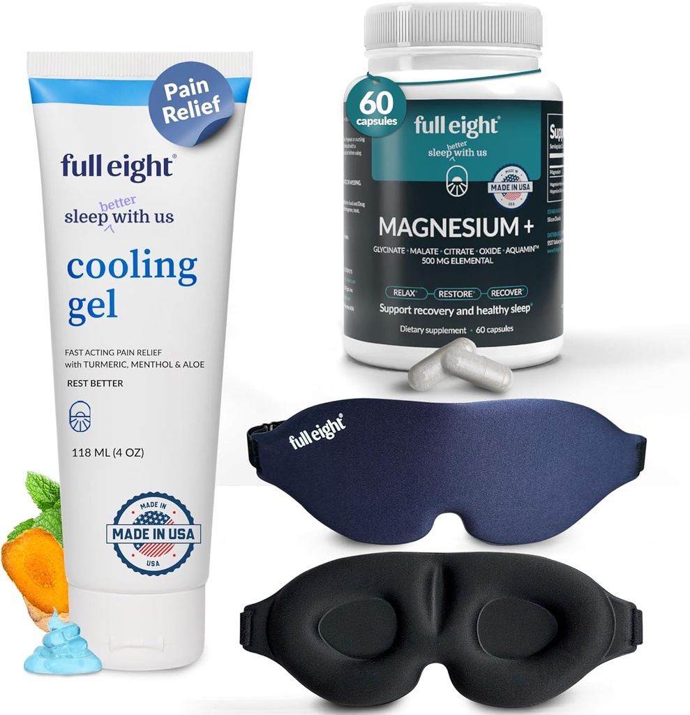 Sleep & Comfort: Magnezyum+ 500 MG for Deep Sleep 60 Caps, Fast-Acting Soğutma Gel Rub for Soothing Comfort 4 oz & 3D Işık Bloklama Uyku Maskesi Bir Boyut
