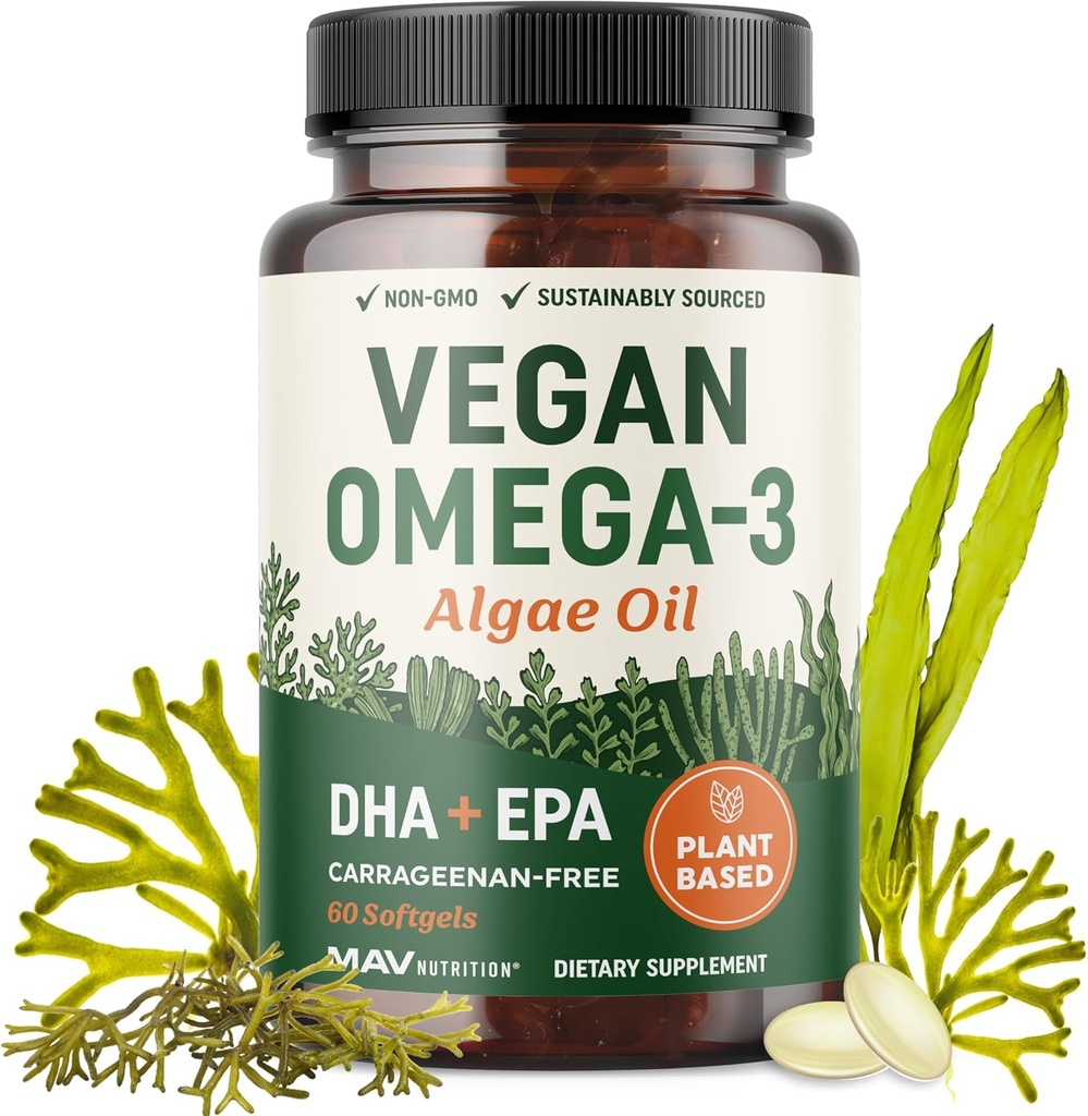 Vegan Omega 3 Algae Oil | Plantive DHA EPA | Sustainable Sourced, No Carrageenan, Non GMO | Heart, Brain, and Eye Health | Fish Oil Alternative | Algae Omega 3 Supplement | 60 Softgel Capsules