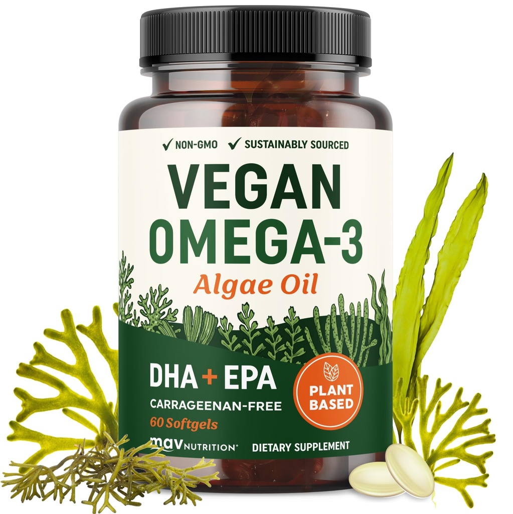 Vegan Omega 3 Algae Oil | Plantive DHA EPA | Sustainable Sourced, No Carrageenan, Non GMO | Heart, Brain, and Eye Health | Fish Oil Alternative | Algae Omega 3 Supplement | 60 Softgel Capsules