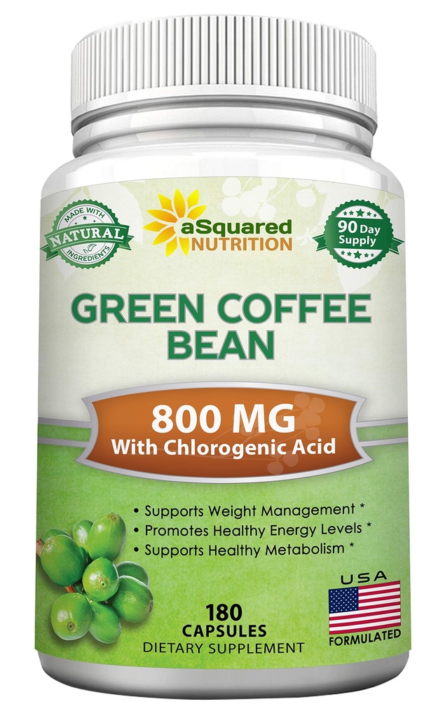 ASquared Nutrition Natural Green Coffee Bean Formula-180 Capsules-Max Strength GCA Antioxy Cleanse for Pure Kilo kaybı için 800 mg, Pill-Chlorojenik asit-1600 mg Daily Supplement, sağlıklı Fat Burner