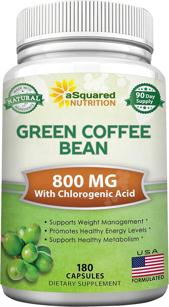 aSquared Διατροφή Φυσικό Πράσινο Coffee Bean Formula-180 Κάψουλες-Μέγιστη Δύναμη GCA Αντιοξειδωτικό Καθαρίστε για Καθαρό Βάρος Απώλειας, 800mg ανά Χάπι-Χλωρογόνο Οξύ-1600mg Καθημερινή Συμπλήρωμα, Υγιεινό λίπος Burner