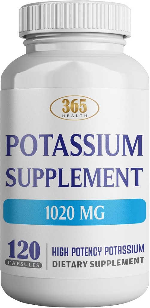 365 Sağlık Potasyum Tamam 1020 mg | Pyum Bikarbonat | No-GMO | Gluten Free | ABD'de Yapıldı | 120 Vejetaryen Capsules