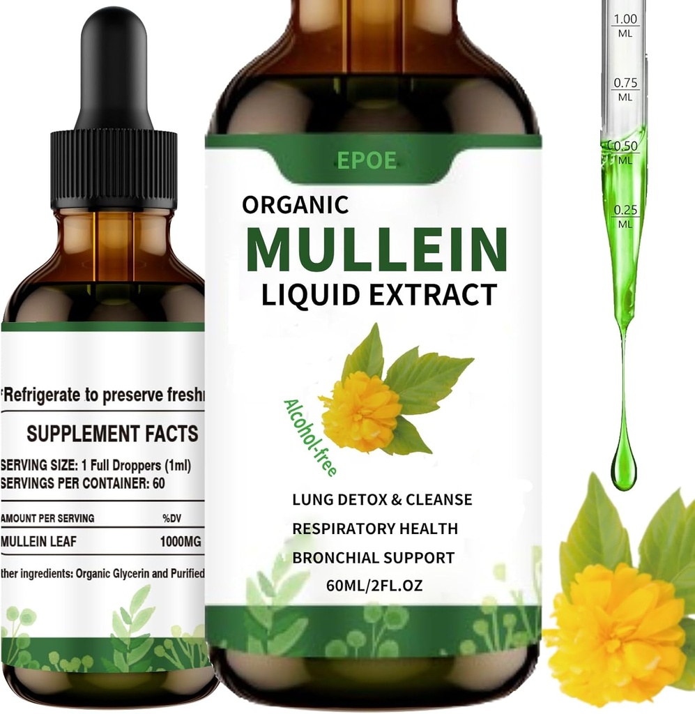 Mullein Leaf ile sıvı damlaları, Lungs Organik Respiratory ATM Alkol Ücretsiz, Lung Cleanse for Immune and Respiratory Health Support, White