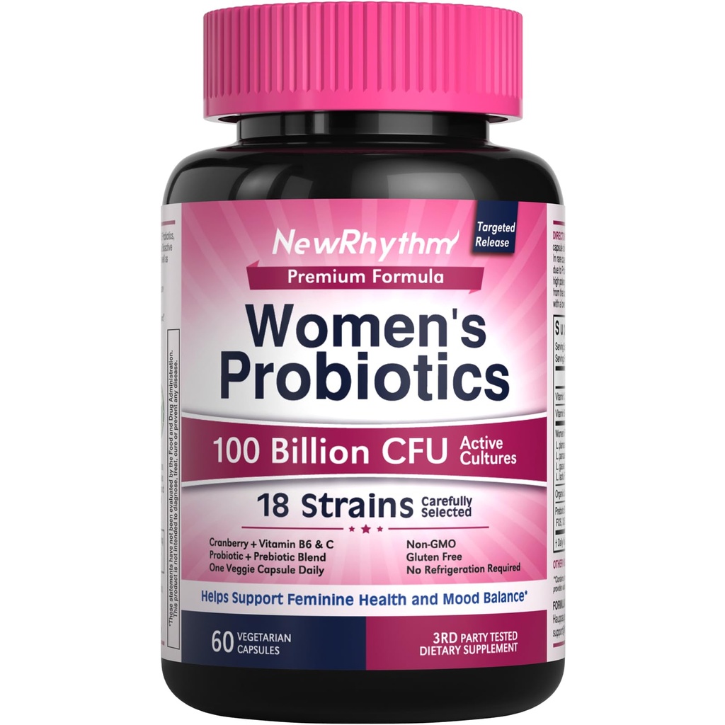 Kadınlar için Yeni Rhythm Probiyotikler, P-5-P, C & Organik Cranberry, 100 Milyar CFU 18 Strains, Prebiyotiks & Vaginal Probiyotiks for Digestive Health & PH Balance, 60 Capsules, Dairy No
