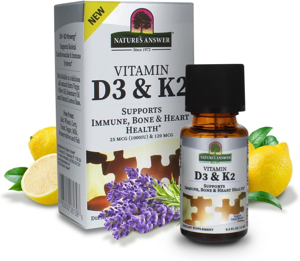 Natures Απάντηση Βιταμίνη D3 και K2, 0.5 oz - Υγρό εκχύλισμα στοματικές σταγόνες - Υποστηρίζει το ανοσοποιητικό, τα οστά και την καρδιά υγεία - σε ένα νοστιμότατο ελαιόλαδο, δεντρολίβανο, και φυσική λεμονική βάση