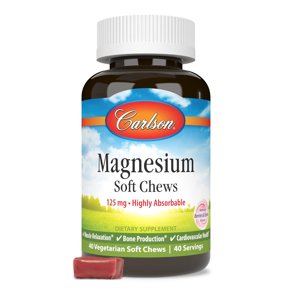 Carlson Magnesium Soft Chews 125 mg Πολύ απορροφήσιμα Μυϊκά Χαλάρωση & Συνολική Υγεία - Μούρα & Κρέμα Γεύση - 40 Χορτοφαγικά Μαλακά Μασούρια