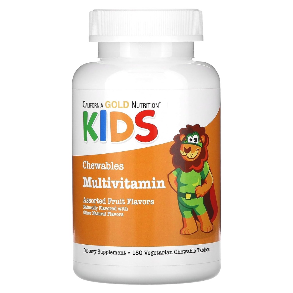 California Gold Nutrition Chewable Multi-Vitamin with Vitamin A, Vitamin C, Vitamin E ve Apple Fruit Toz for Children, Assorted Fruit, 180 Vegetarian Tablets