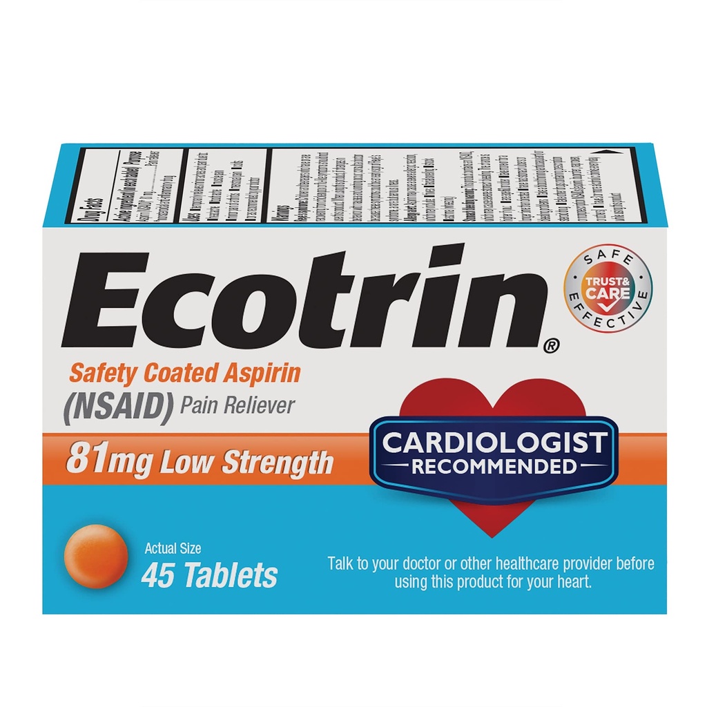 Ecotrin Low Strength Safety Kaplamalı aspirin, NSAID 81 mg, 45 sayı (2 Pack)