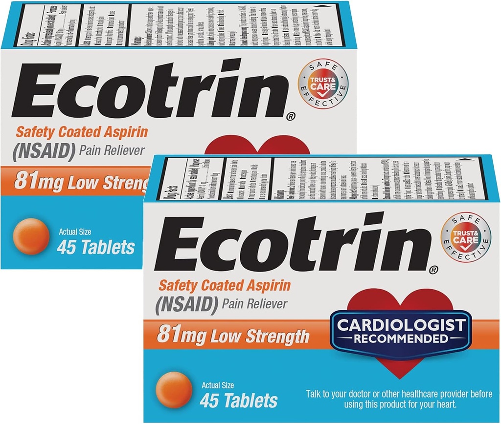 Ecotrin Low Strength Safety Kaplamalı aspirin, NSAID 81 mg, 45 sayı (2 Pack)