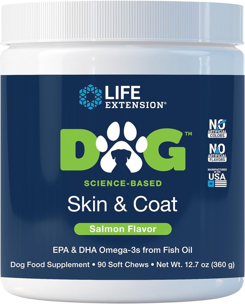 Life Extension Dog Skin & Coat - Dog Food Supplement for Health Skin and Coat - Omega-3 Fish Oil for Dogs, Salmon Flavor, Yapay Renkler veya Flavors - 90 Soft Chews
