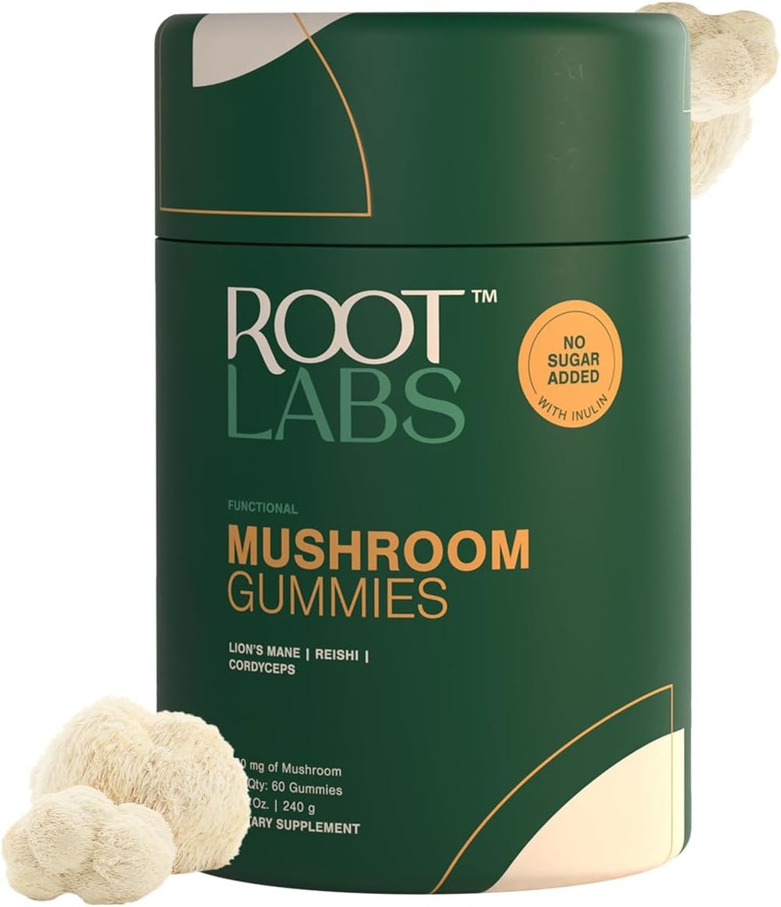 Mushroom Gummies | Nodrew Sugar | Lions Mane, Reishi, Cordyceps | Natural Mushroom Mix | Non-GMO | Plant-Based | 300 mg | 60 Gummies