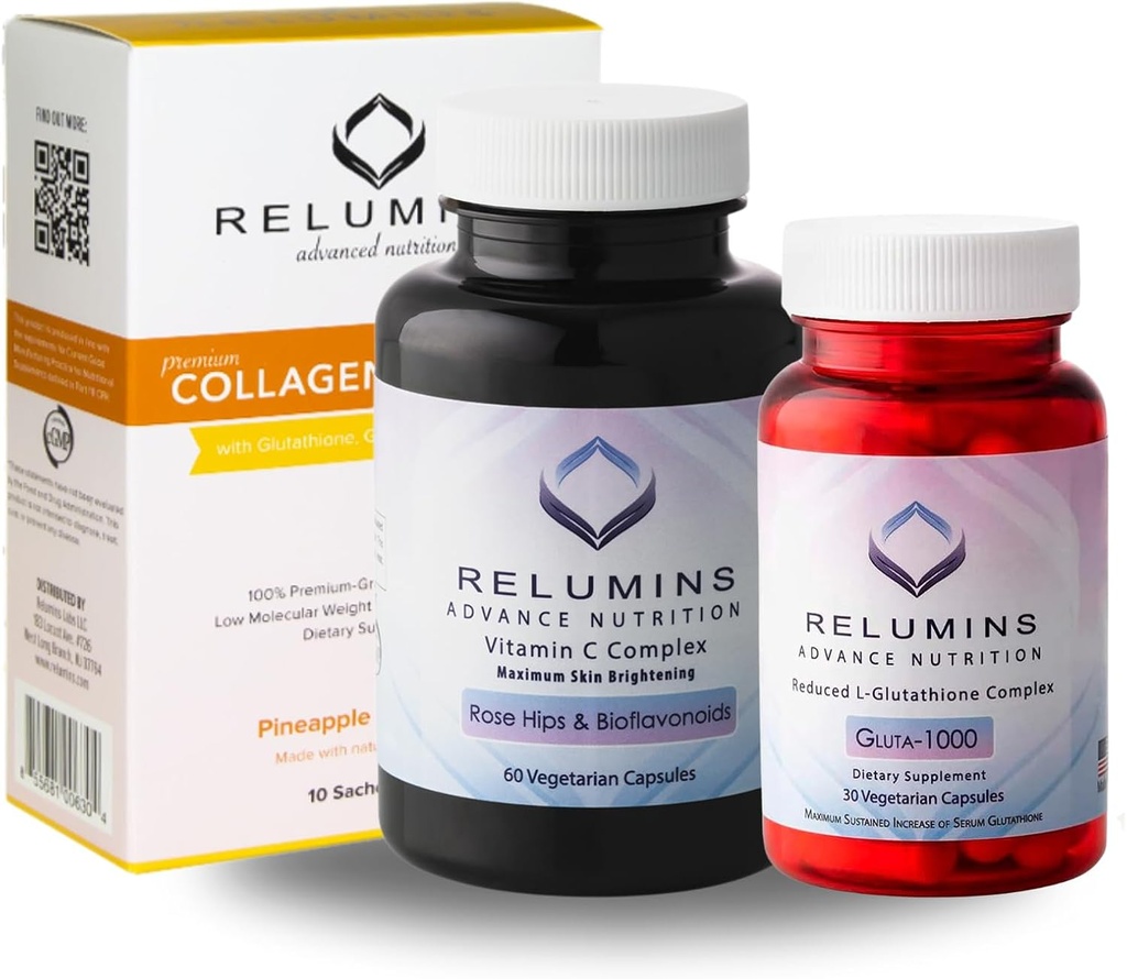 Relumins Premium Summer Glow Set – Ανανάς κολλαγόνου, Glutathione 1000mg & Βιταμίνη C – Αντιοξειδωτική υποστήριξη για την υγεία του δέρματος και τη συνολική ευεξία – 3-σε-1 Kit ομορφιάς & ευεξίας