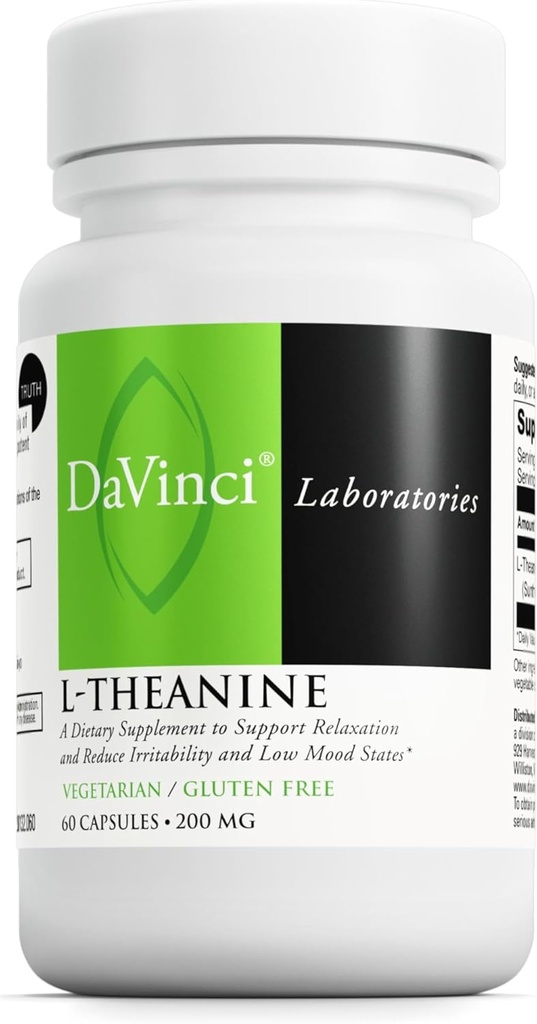 DAVINCI Laboratuvarları L-Theanine - Diyet Supplement to Help with Concentration, Focus, Relaxation and Irritability* - 200 mg L-Theanine per Service - 60 Vegetarian Capsules