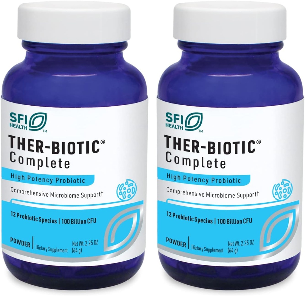 Klaire Labs SFI Health Ther-Biotic Complete Probiotic Powder - 100 Billion CFU - Men's and Women's Probiotics for Digestive Health & Immune Support - Dairy-Free, Hypoallergenic (64g, 2 Pack)