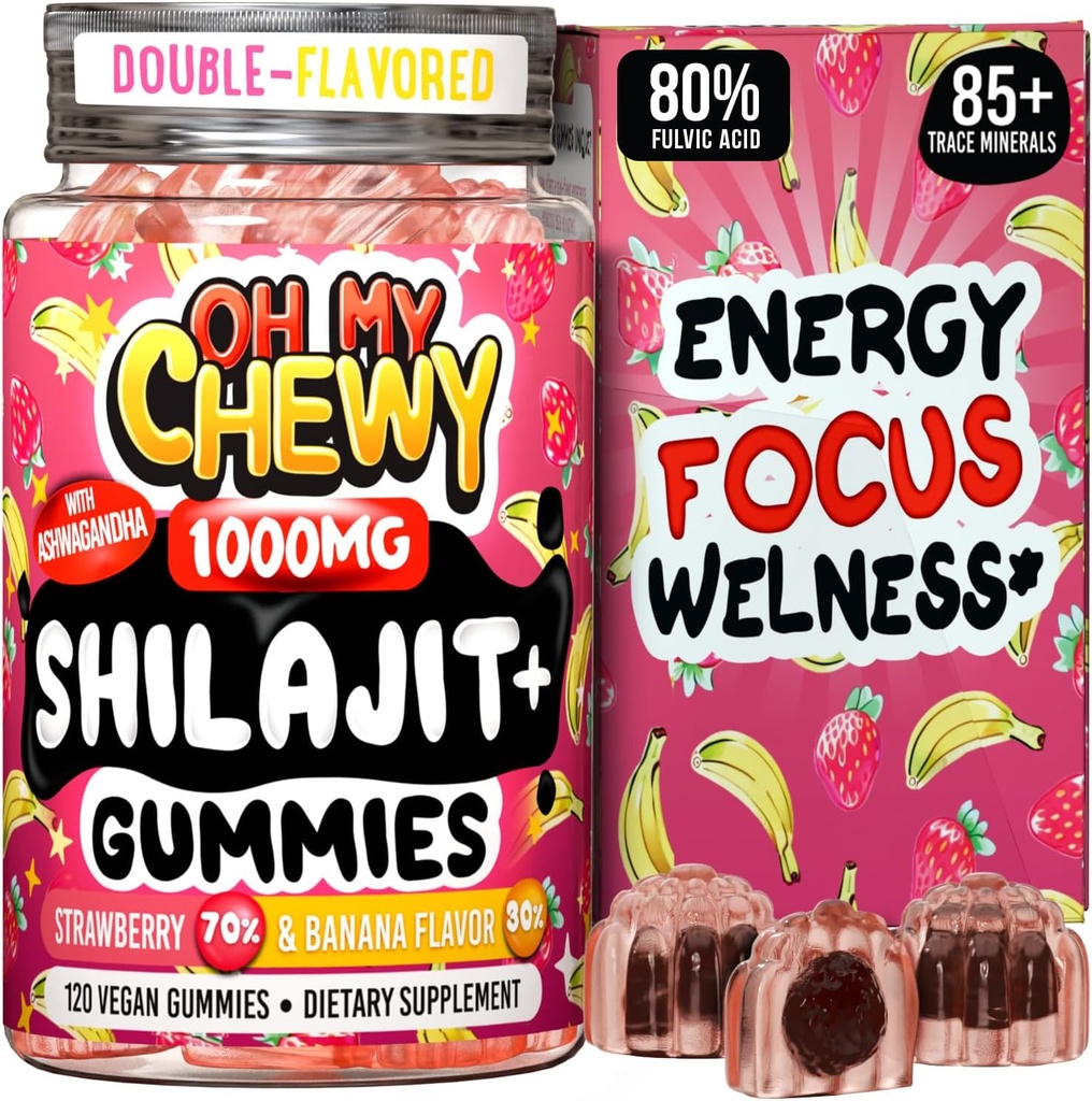 Saf Himalaya Shilajit Gummies - Yüksek Potency Gold Gradewear - Enerji Boost ve Ashwagandha ve Shatavari ile Kadınlar için Destek - 120 Gummy - Strawberry & Bananana