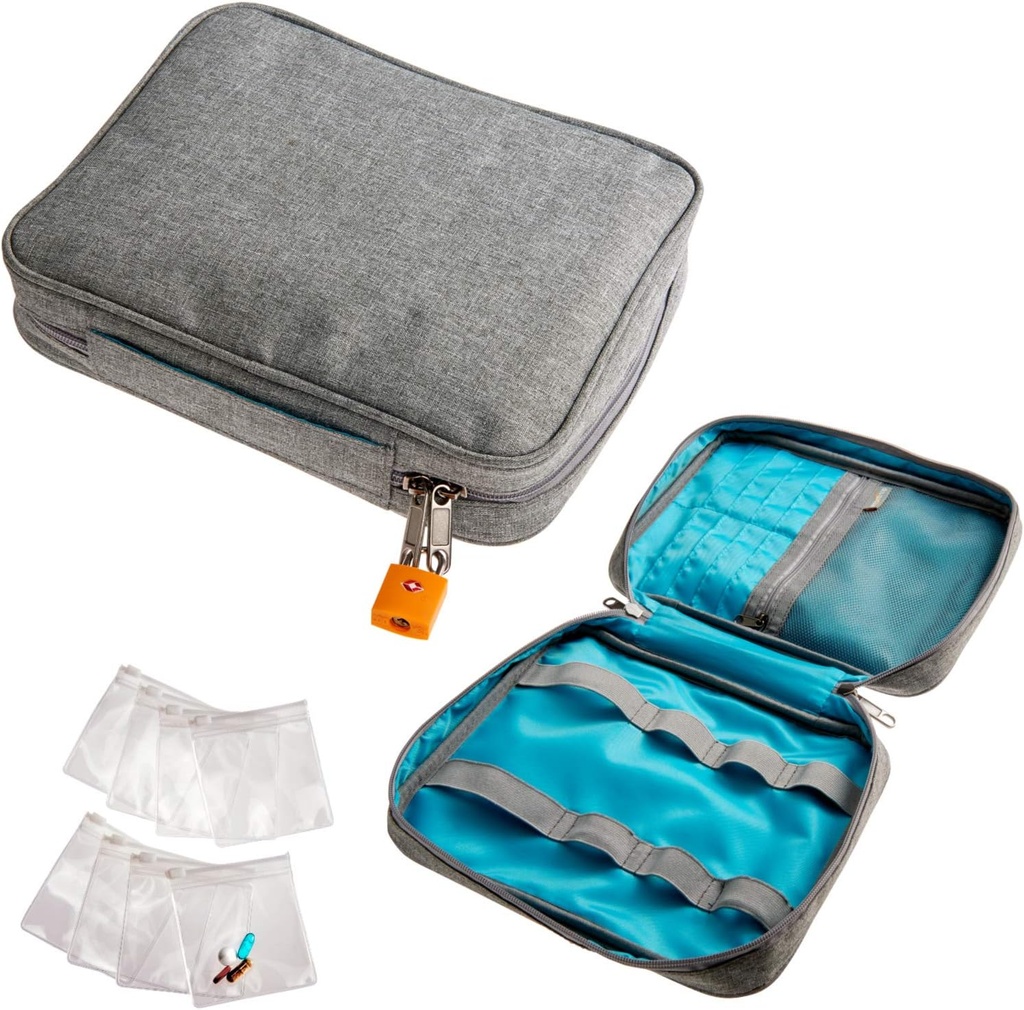 Smooth Trip Medicine Storage Bag and Medication Bottle Organizer - Slash-Resistan Medical Travel Bag with Food Grade Reuseable Pill Pouches - Slim Design Fits in Carry-ons, Totes and Backpacks