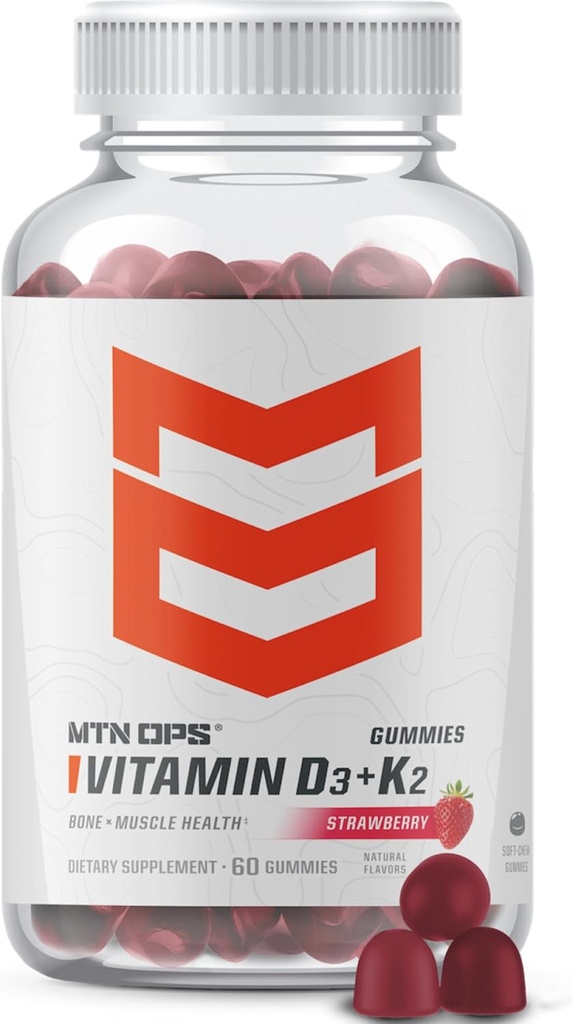 MTN OPS Βιταμίνης D3 K2 Gummies, 5000 IU Βιταμίνης D3 και Βιταμίνης K2 MK7, φυσικά χωρίς γλουτένη με φυσική γεύση φράουλας, 60 μαλακές τσίχλες, 60 σέρβις ανά εμπορευματοκιβώτιο