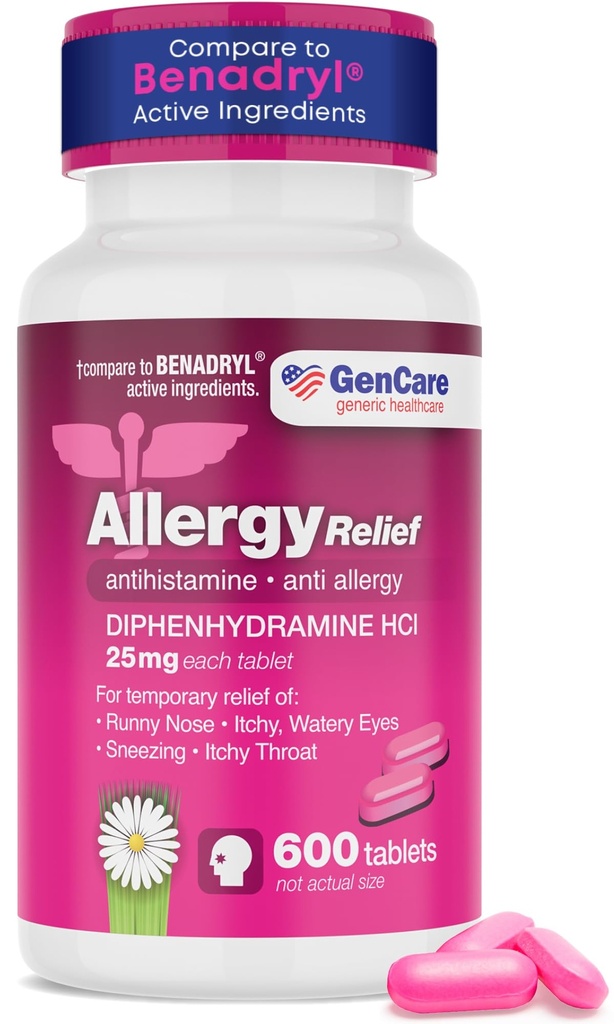 GenCare - Antihistamine Diphenhydramine 25mg (600 Tablet Şişe) Değer Paketi | Itchy Eyes, Sneezing, Runny Nose | Mevsim veya Kapalı & Açık Tüm Enerjiler