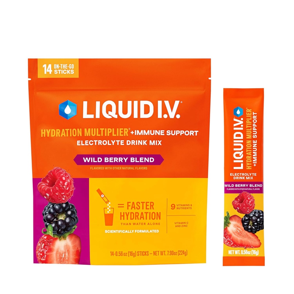 Sıvı I.V.® Hydration Multiplier® +Immune Support - Wild Berry - Hydration Toz Packets | Electrolyte Toz I | Single-Serving Sticks | Non-GMO |14 Hizmetler (Brook of 12)
