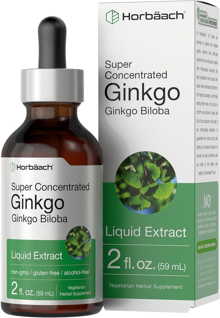 Horbäach Ginkgo Biloba Extract Liquid 2 fl oz | Alkol Özgür Herb Supplement | Vejetaryen, Non-GMO, Gluten Free Herb